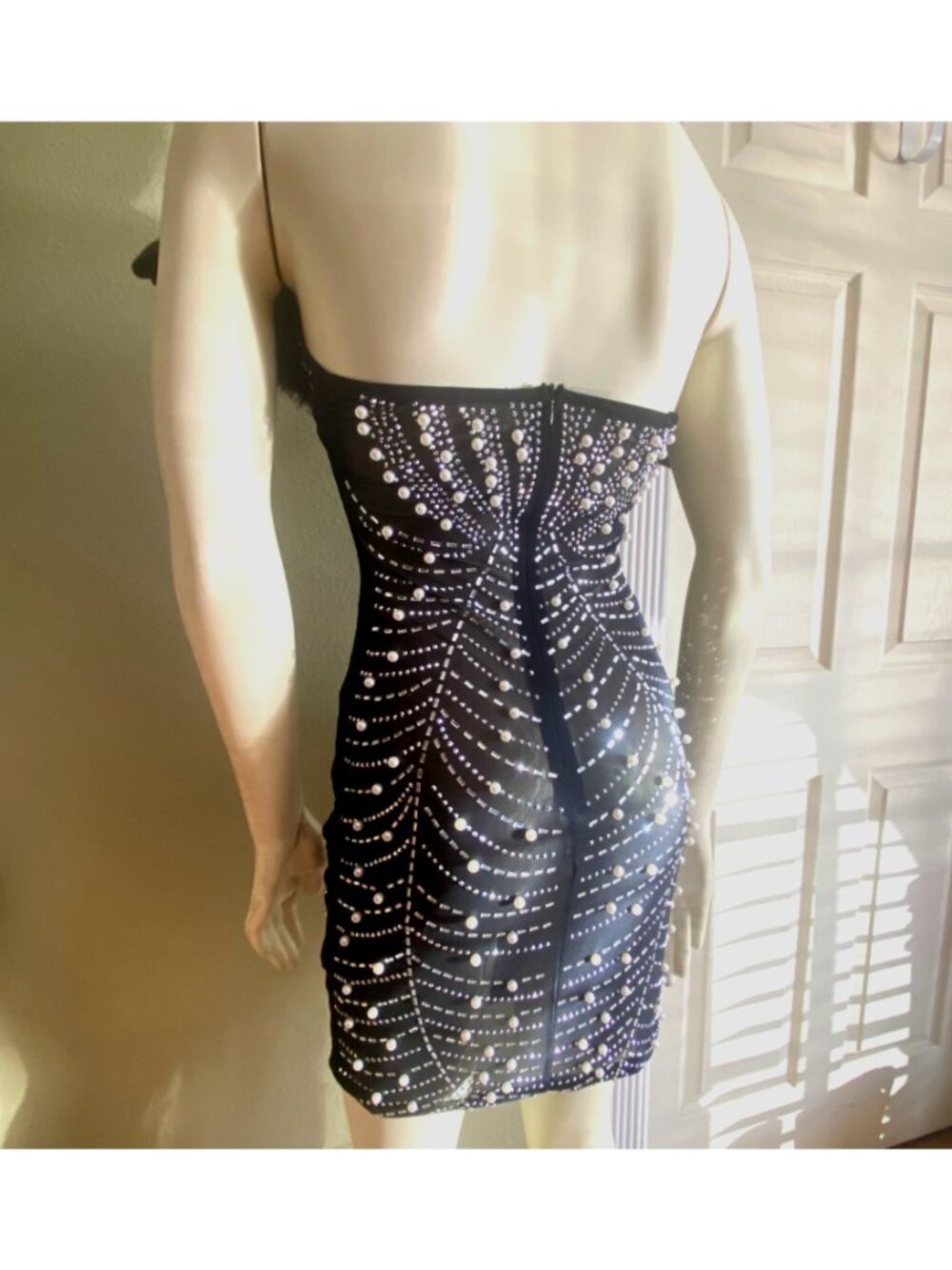 size S beaded thin bodycon black sheer mini dress feather chest detail c-thru - Picture 8 of 9